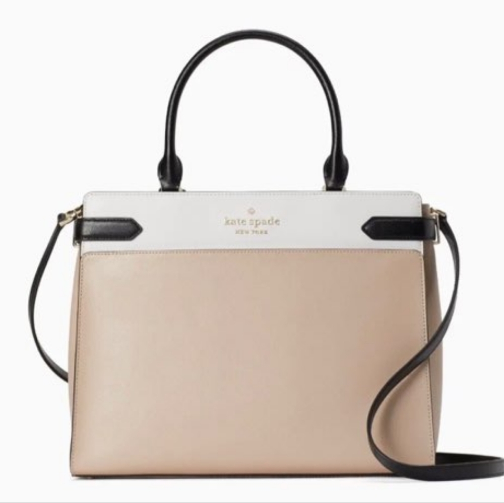 New Kate Spade Staci Large Satchel Colorblock Saffiano Leather Warm Beige Multi